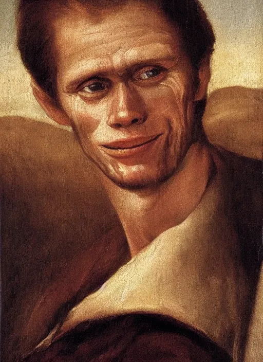 Prompt: portrait painting of young willem dafoe with stubble smiling warmly, renaissance oil painting, studious chiaroscuro