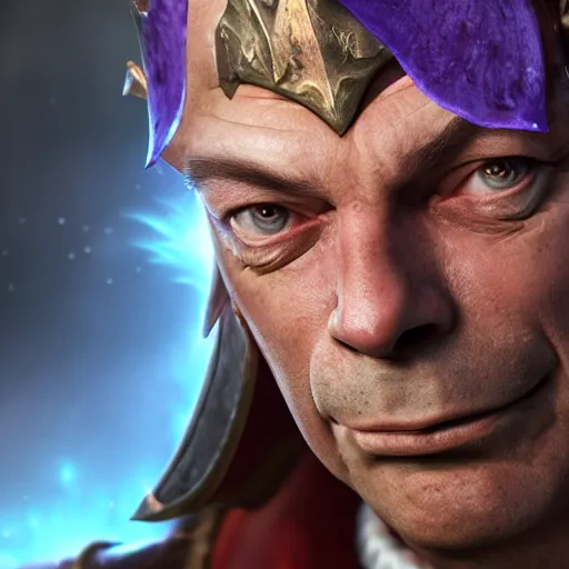 Image similar to nigel farage as a paladin in world of warcraft, splash art, movie still, cinematic lighting, dramatic, octane render, long lens, shallow depth of field, bokeh, anamorphic lens flare, 8 k, hyper detailed, 3 5 mm film grain