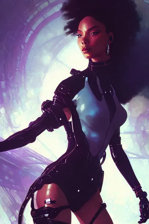 Image similar to cyberpunk Normani as aeon flux profile picture by Greg Rutkowski, dynamic pose, intricate, futuristic, fantasy, elegant, by Stanley Artgerm Lau, greg rutkowski, thomas kindkade, alphonse mucha, loish, norman Rockwell,