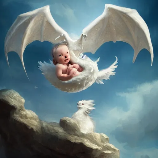 Image similar to a whimsical portrait of a little baby angel on a cute white dragon floating in the sky by Greg Rutkowski, ultra realistic, photorealistic 8k, cinematic lighting, HD, high detail, atmospheric, trending on artstation