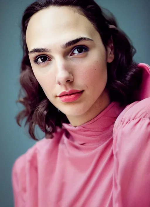Prompt: kodak portra 4 0 0, 8 k, highly detailed, britt marling style 3 / 4 photographic close - up face of a beautiful gal gadot with pink pixie cut hairstyle, ca. 2 0 5 0, 1 9 4 0 s cyberpunk style, symmetrical, hasselblad x 1 d - 5 0 c, medium format, soft light