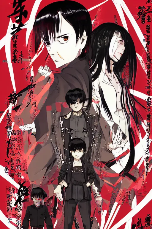 Image similar to professionally drawn seinen mature cyberpunk detective horror action manga comic cover about hinduism buddhism, full color, beautifully drawn coherent professional, drawn by ilya kuvshinov, ilya kuvshinov, satoshi kon and tsutomu nihei. japanese script kanji hiragana on the cover. simplistic minimalist stylized cover art. cel shaded