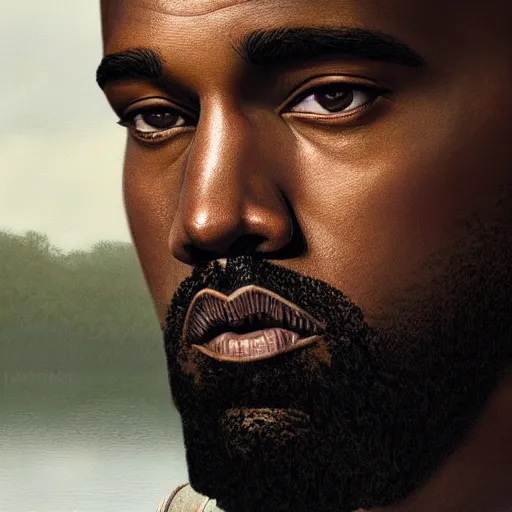 Prompt: winking kanye west as jesus closeup portrait, dramatic light, lake background, 2 0 0 mm focal length, painted by stanley lau, painted by greg rutkowski, painted by stanley artgerm, digital art, trending on artstation