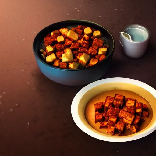 Image similar to An epic fantastic realism comic book style painting of the most beautiful mapo tofu, unreal 5, DAZ, hyperrealistic, octane render, dynamic lighting