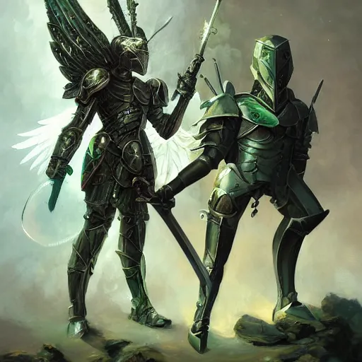 Prompt: armored angel knight in Phthalo metallic green armor with knight helmet, inhumanly thin limbs wielding a sword and shield, fallen angel Barthin by Peter Mohrbacher, otherworldly, octane rendered, fantasy, heavenly