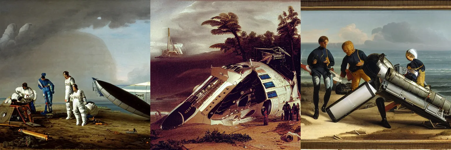 Prompt: astronauts repairing crash landed space shuttle on a rainy beach, painting by Karl Friedrich Schinkel