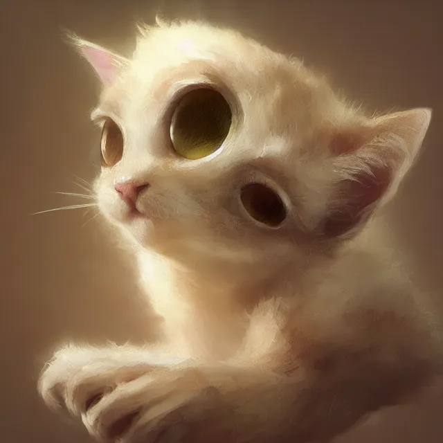 Image similar to a painting of a cute light beige kitten with brown ears and brown face and brown legs and brown tail. white paws. big eyes. character design by cory loftis, fenghua zhong, ryohei hase, ismail inceoglu and ruan jia. volumetric light, detailed, rendered in octane