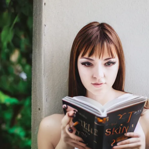 Image similar to a girl reading a book, modelsociety, radiant skin, huge anime eyes, RTX on, perfect face, intricate, Sony a7R IV, symmetric balance, polarizing filter, Photolab, Lightroom, 4K, Dolby Vision, Photography Award