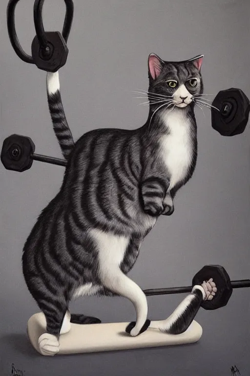 Image similar to anthro cat working out in the gym, an ultrafine detailed painting by mark ryden, trending on deviantart, pop surrealism, whimsical, lowbrow, grotesque