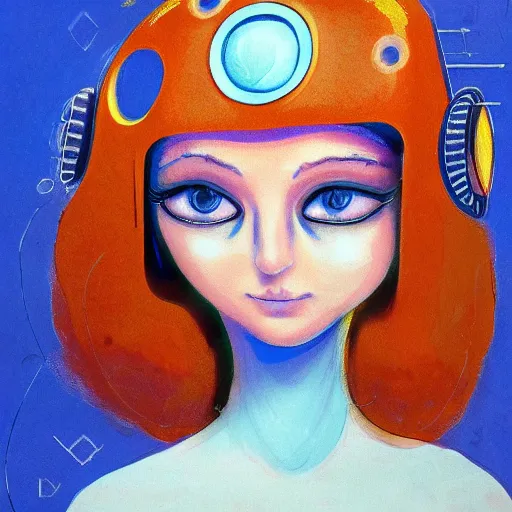 Image similar to cute young woman with robot ears and eyes, 4k, René Laloux