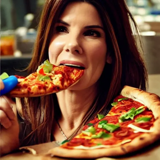 Prompt: sandra bullock eating pizza concept art, ultra realistic, digital art, rich deep colors, smooth shadows, high resolution, cinematic