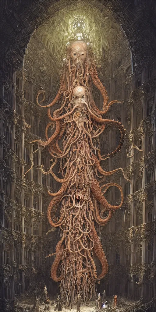 Image similar to group of people species mages with octopus heads and a lot of small translucent jellyfishes floating around inside an ancient mage castle hall colossal scale, gothic and baroque, brutalist architecture, ultradetailed, Intricate by Ellen Jewett and Josan Gonzalez and Giuseppe Arcimboldo