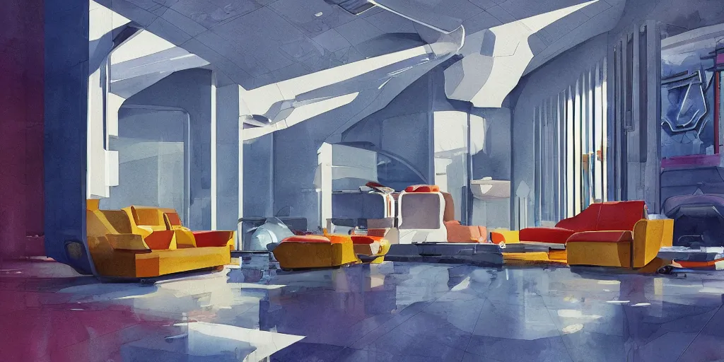 Image similar to a beautiful illustration of futuristic interior hall, lots of furniture, sofa, waiting room, big medium small, sacred geometry, golden ratio, in watercolor gouache detailed paintings, in style of syd mead, trending on artstation,8k, panel, hard surface, vent, zaha hadid, props, plant, cozy,decoration around the room, simon stalenhag, deus ex