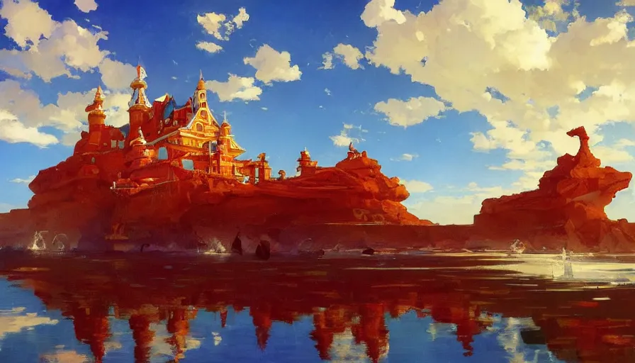 Prompt: RED Royal CRYSTAL castle built ON SEA, hyperdetailed, artstation, cgsociety,by studio ghibli painting,by Joaquin Sorolla rhads Leyendecker, by Ohara Koson and Thomas, 8k