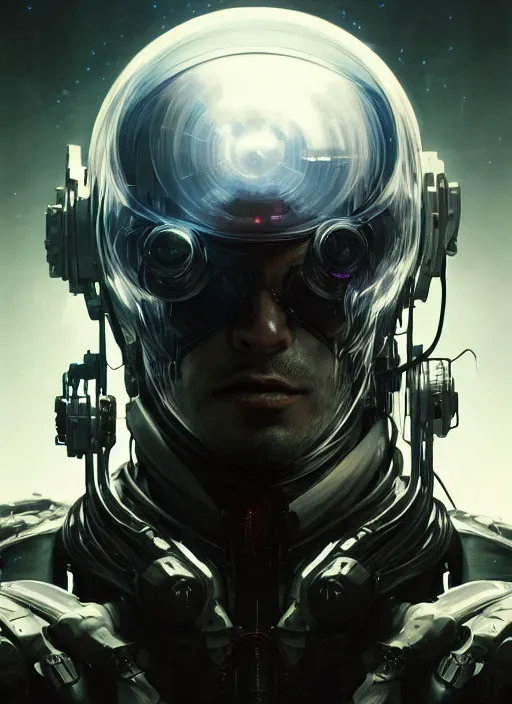 Image similar to Centered portrait shot of a human cyborg, cyberpunk, sci-fi fantasy, dramatic lighting, cinematic, establishing shot, extremely high detail, cinematic lighting, by Yoshitaka Amano, Ruan Jia, Kentaro Miura, Artgerm, post processed, concept art, artstation, style by eddie mendoza, raphael lacoste, alex ross, 8K, unreal engine, octane render