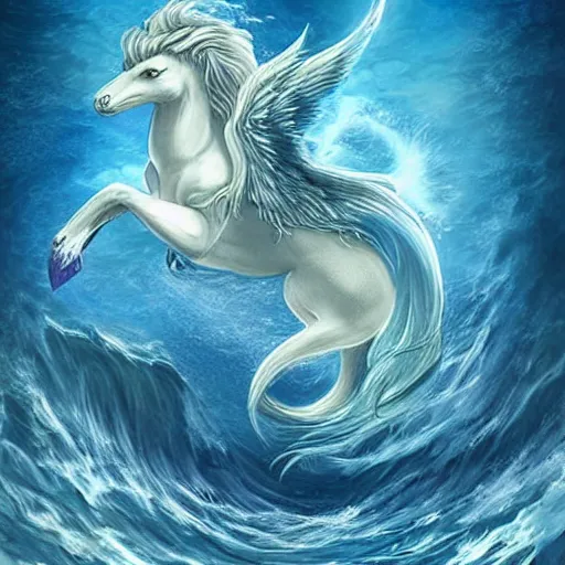 Image similar to a beautiful, celestial, oceanic drakopegasus rising from the sea, fantasy art,