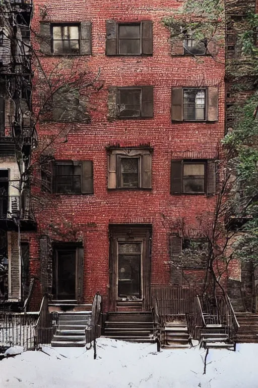 Image similar to (((((a ramshackle manhattan brick brownstone deep in the forest))))) by Krzysztof Roslan!!!!!!!!!!!!!!!!!!!!!!!!!!!