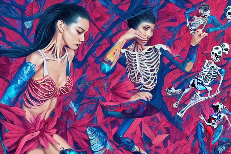 Prompt: skeleton fashion show, victoria's secret, tristan eaton, victo ngai, artgerm, rhads, ross draws