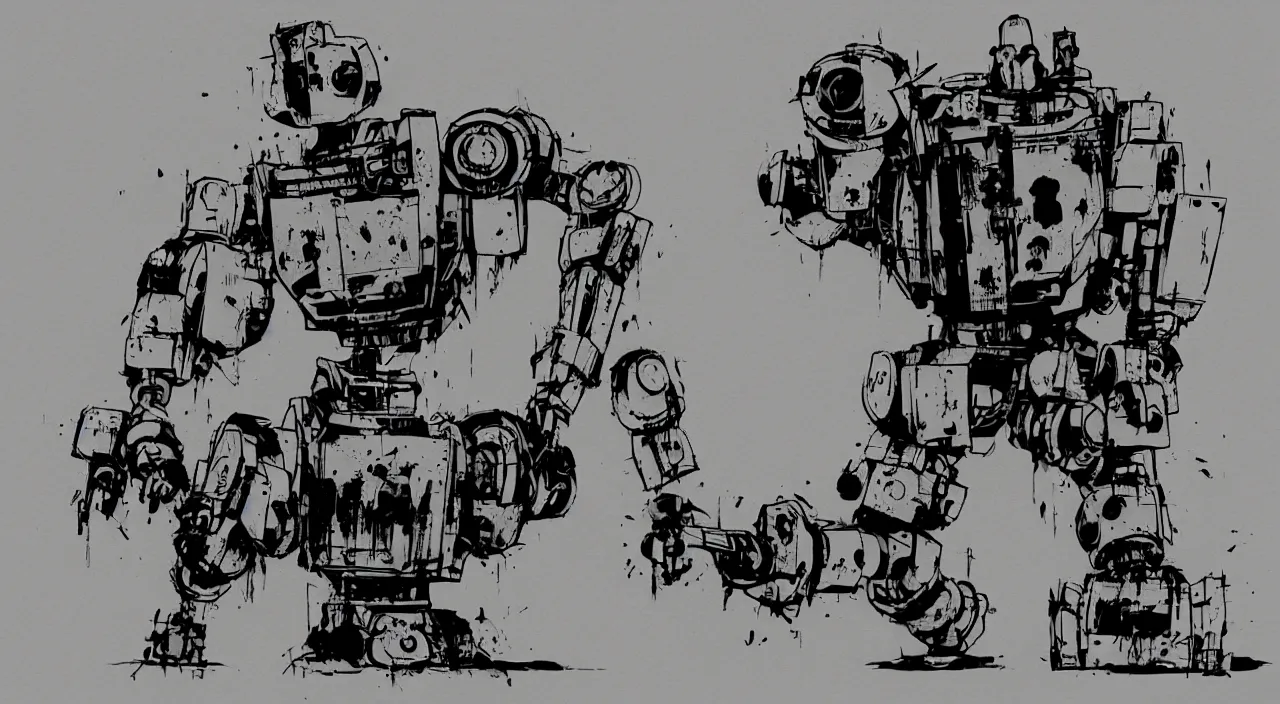 Image similar to grunge robot with decals by ashley wood