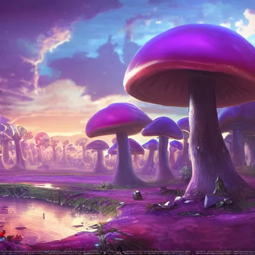 Image similar to beautiful matte art of the mushroom kingdom in the style of futuristic, photo realistic, 8 k uhd, high resolution, concept art detailed realistic, highly detailed, lighting, hyperrealistic, unreal engine