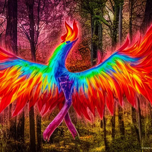 Prompt: A colorful phoenix full of color in an abandoned forest, photo realistic, 8k