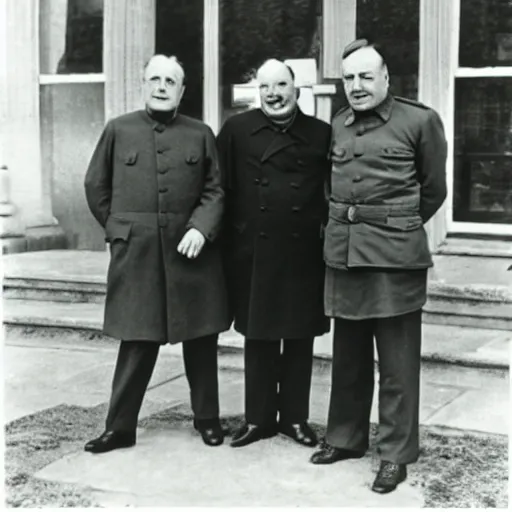 Prompt: Stalin, Churchill and Franklin Roosevelt having a great time