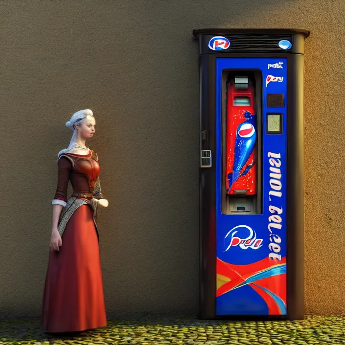 Image similar to pepsi vending machine outside a medieval house in a fantasy village. a woman is standing next to the vending machine. extremely high details, realistic, fantasy art, cinematic, octane render, masterpiece, artstation contest winner, art by johannen voss, frank frazetta