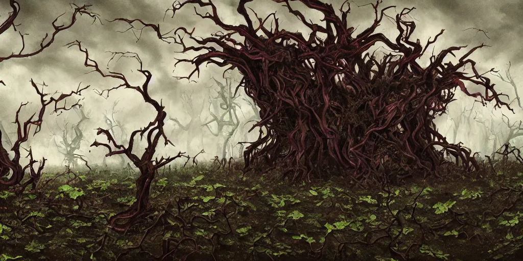 Image similar to a landcsape corrupted by a dark vine with numerous big thorns, painted in a surreal dark fantasy style