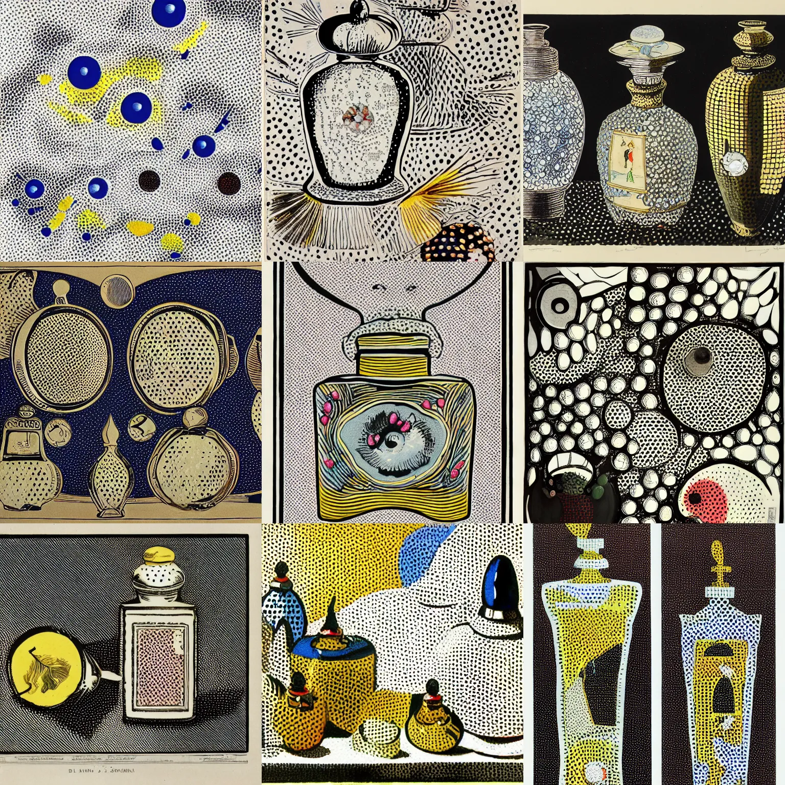 Prompt: 1 8 th century perfume bottles, dot art on paper, ben - day, art du monde, roy lichtenstein, epic, masterpiece, extremely detailed, 8 k