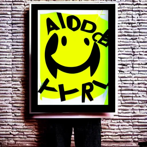 Prompt: acid house rave flyer, poster, smiley face, florescent orange and black