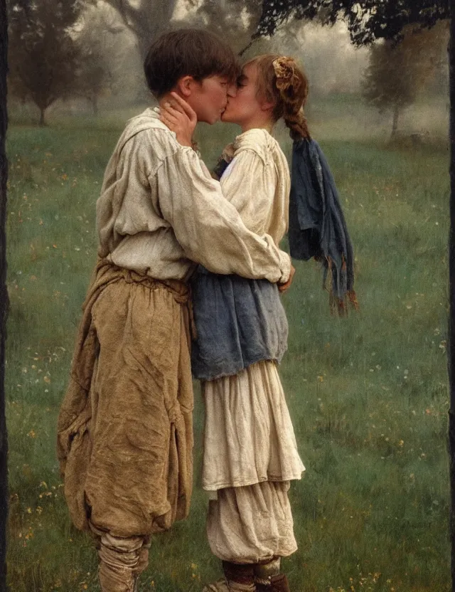 Image similar to peasant boy and girl first kiss, on a village, Cinematic focus, Polaroid photo, vintage, neutral colors, soft lights, foggy, by Steve Hanks, by Serov Valentin, by lisa yuskavage, by Andrei Tarkovsky 8k render, detailed, oil on canvas