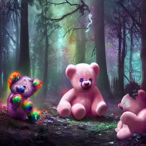 Prompt: demonic care bears in magical forest, dark atmosphere, high detail, soft lighting, 8 k