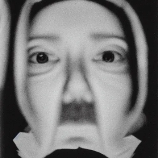 Prompt: an uncanny face in a dark room, 35 mm, film photo