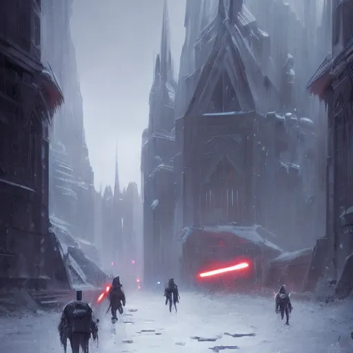 Image similar to star wars concept art by greg rutkowski, a neogothic city in the middle of a snowy landscape, dark clouds, scarce rays of sunlight, enigmatic atmosphere, artstation hq.