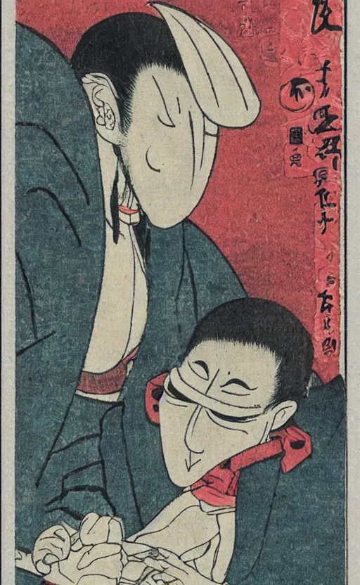 Image similar to by akio watanabe, manga art, a man masked as tengu sitting, very long nose, abandoned japaense village, trading card front