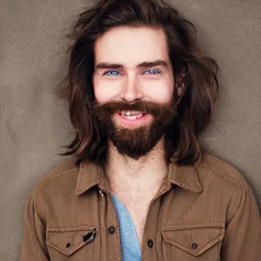 Prompt: caucasian face, medium long brown hair, bad skin, short beard, skinny, blue eyes, smiling, ultrarealistic