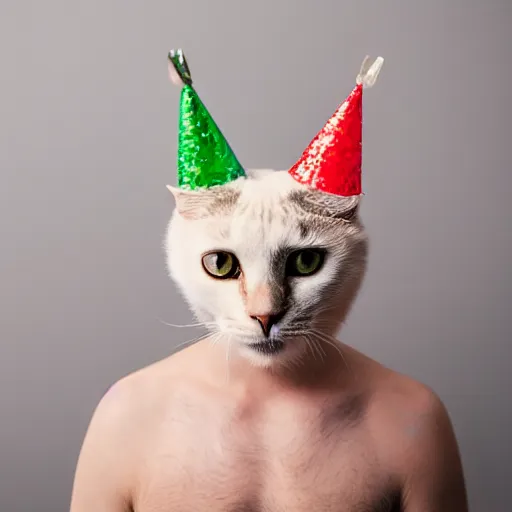 Prompt: man with a cat head wearing a party hat