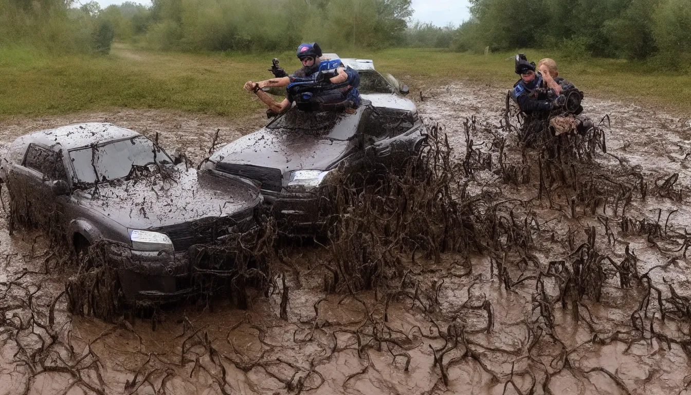 Prompt: bodycam of high speed chase trough mud with trycicles, very detailed, realistic, 4 k