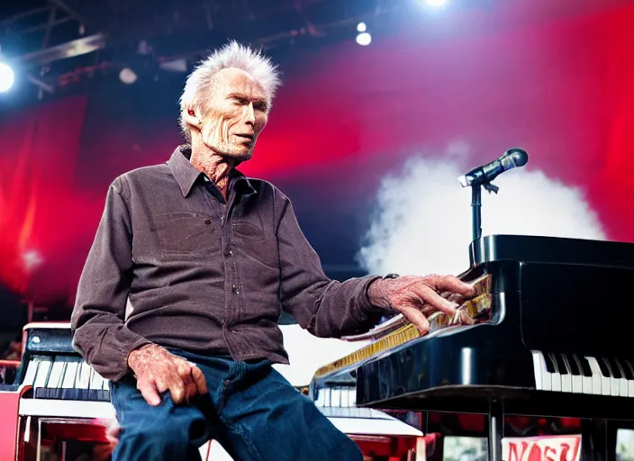 Prompt: photo still of clint eastwood on stage at vans warped tour!!!!!!!! at age 6 8 years old 6 8 years of age!!!!!!!! playing a piano on fire, 8 k, 8 5 mm f 1. 8, studio lighting, rim light, right side key light