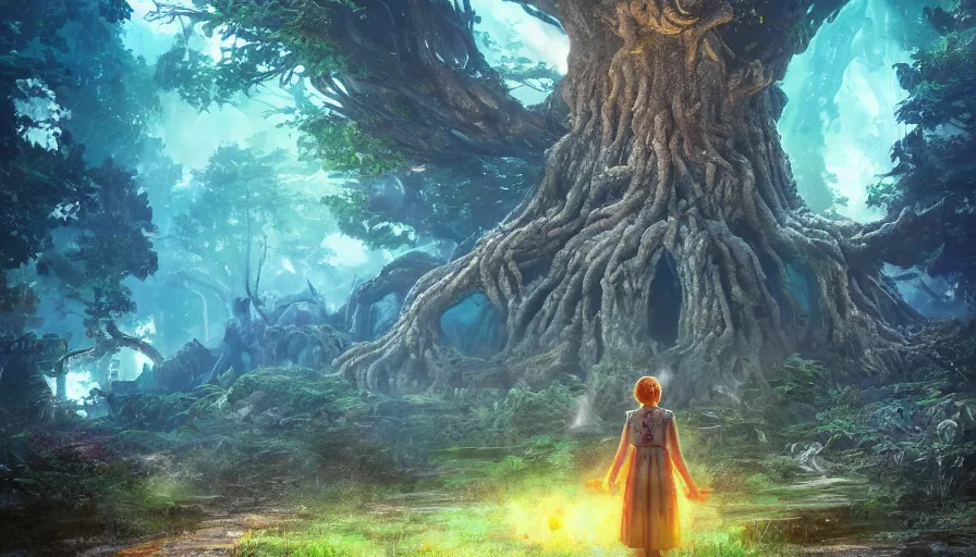 Image similar to ben lo illustration of the largest tree in the world under force field, bioshock concept art, solarpunk, hopeful, colorful, flowers, deity, unreal engine, hyper realism, realistic shading, cinematic composition, realistic render, octane render, detailed textures, photorealistic, wide shot