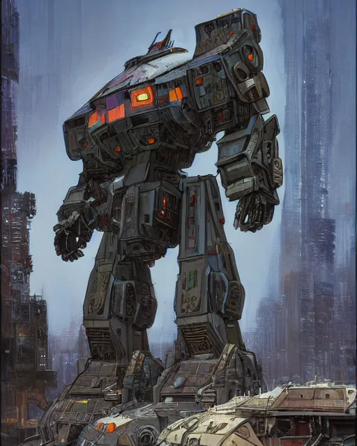Image similar to an urban combat mech in the style of jean giraud / ralph mcquarrie / syd mead / john berkey hyper detailed photorealistic highlights and shadow hd 8 k post - processing high resolution concept art