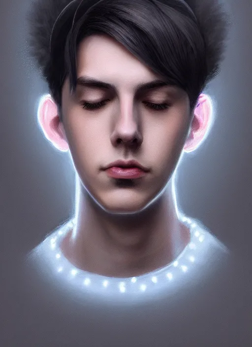 Image similar to portrait of teenage jughead jones wearing a light grey crown, photorealistic, crown, eyes closed, crown, black hair, intricate, elegant, glowing lights, highly detailed, digital painting, artstation, concept art, smooth, sharp focus, illustration, art by wlop, mars ravelo and greg rutkowski