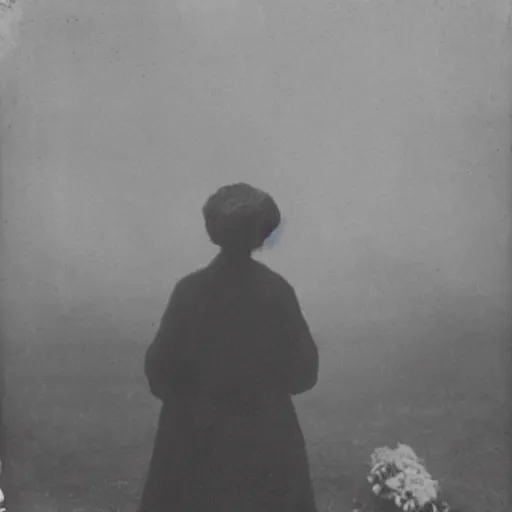 Image similar to a woman soul looking at his grave, night, fog, 1 9 0 0's photo