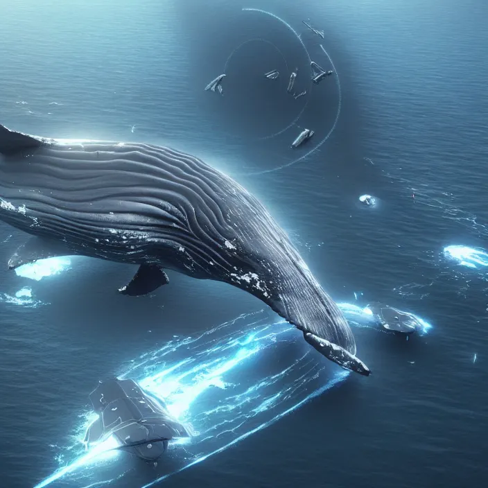 Prompt: Huge whale-shaped cybership, hard sci-fi,global illumination, physically based rendering, photoreal, small details, intricate, science fiction fantasy