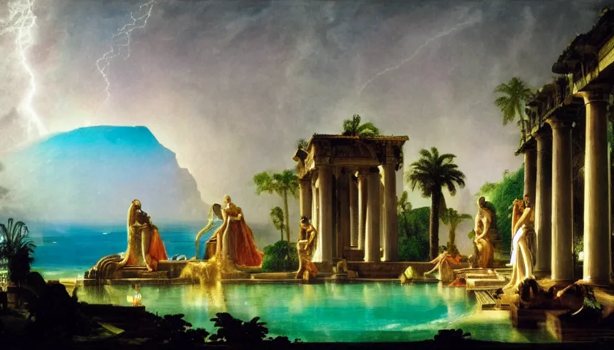 Image similar to Inside the giant Palace, mediterranean balustrade and columns line, refracted sparkles, thunderstorm, greek pool, beach and Tropical vegetation on the background major arcana sky and occult symbols, by paul delaroche, hyperrealistic 4k uhd, award-winning, very detailed paradise