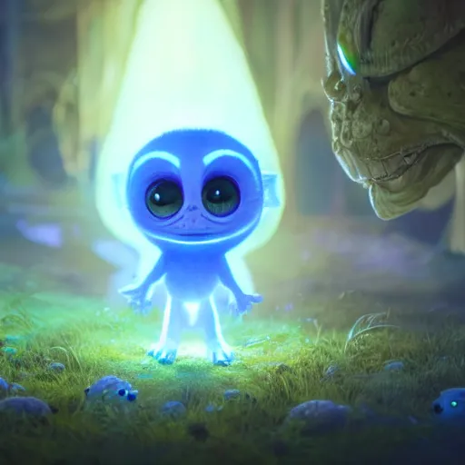 Image similar to adorable glowing creature, trending on artstation, cute, big eyes, concept art, pixar, disney, highly detailed, cinematic composition, unreal engine, 3 d rendered in octane
