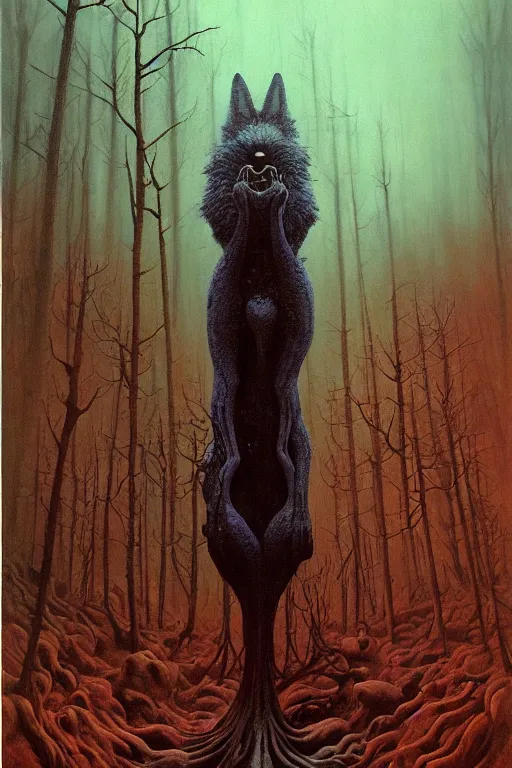 Image similar to painting of eldritch giant fox striking a terrifying pose, scene inside forest, by zdzislaw beksinski, by dariusz zawadzki, by wayne barlowe, gothic, surrealism, cosmic horror, biomorphic, lovecraftian, cold hue's, warm tone gradient background, concept art, beautiful composition