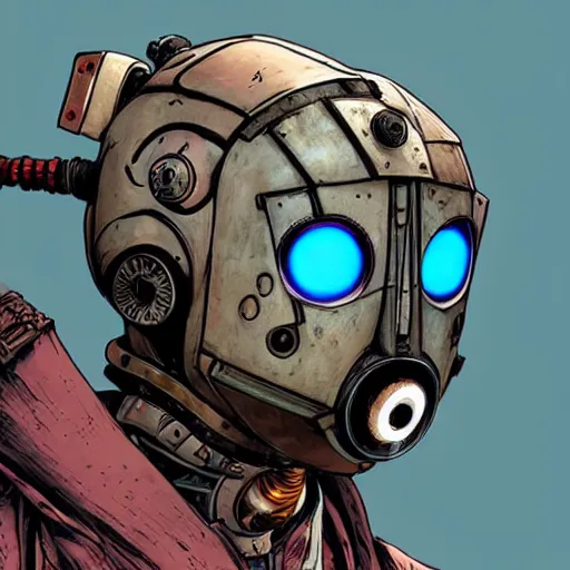 Image similar to robot samurai mask helmet bot borderland that looks like it is from borderlands and by feng zhu and loish and laurie greasley, victo ngai, andreas rocha, john harris