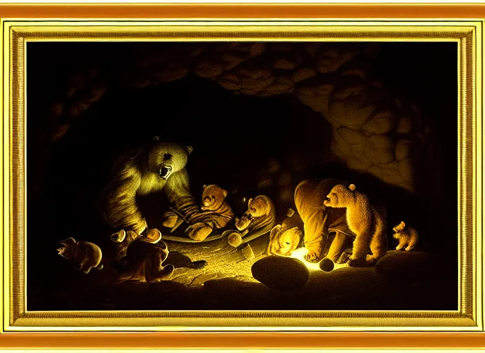 Image similar to Pieter Claesz's 'bear and her cubs sleeping in a dark cave lit by campfire', night time, cross hatching, framed