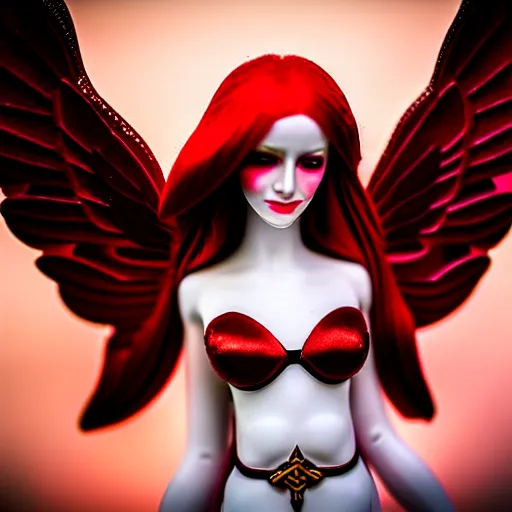 Prompt: beautiful female mage with red hair, angelic figure, dark wings